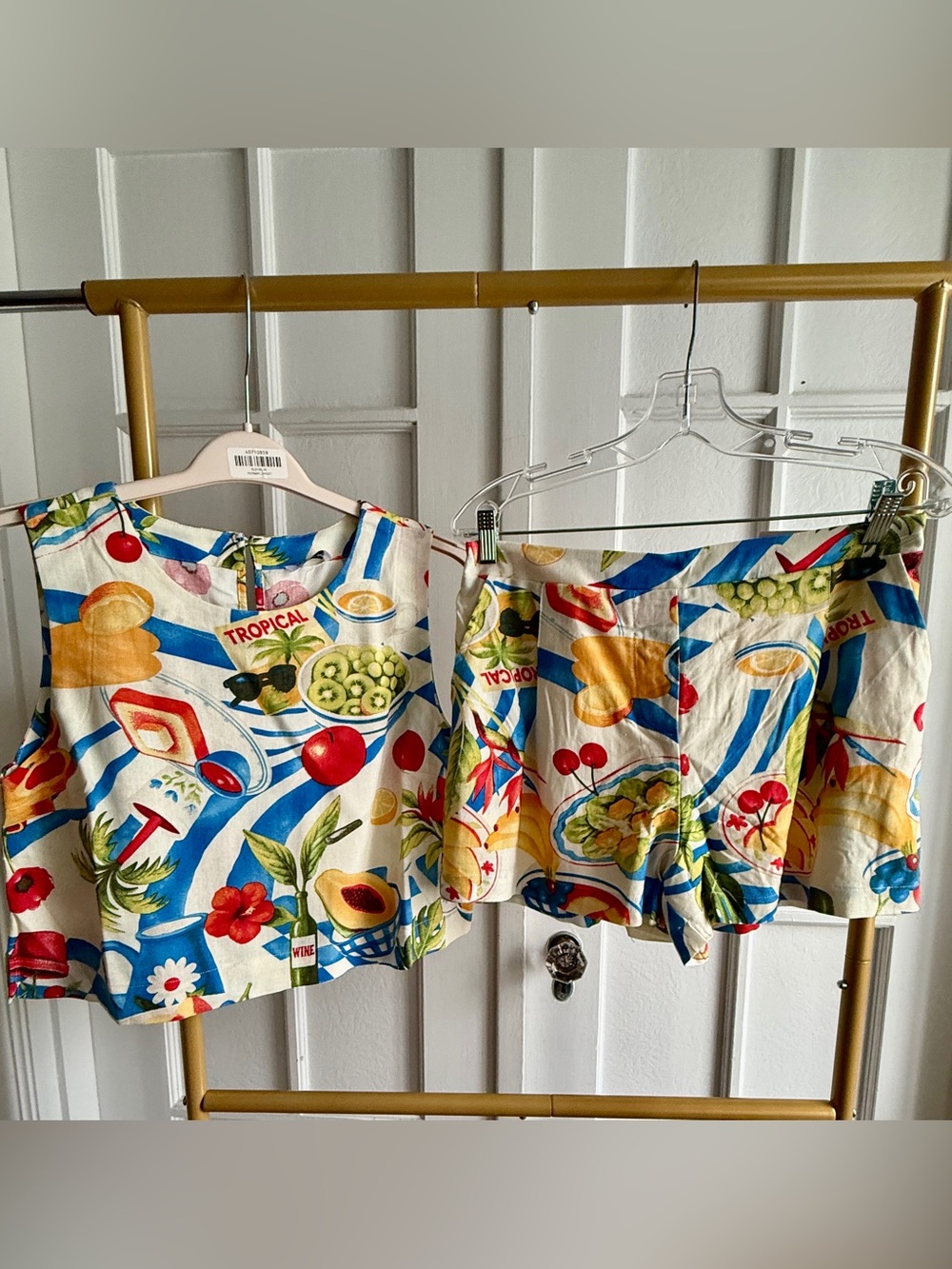 Tropical Print Two Piece Linen Blend Top & Shorts Set Size Large - Picture 1 of 7